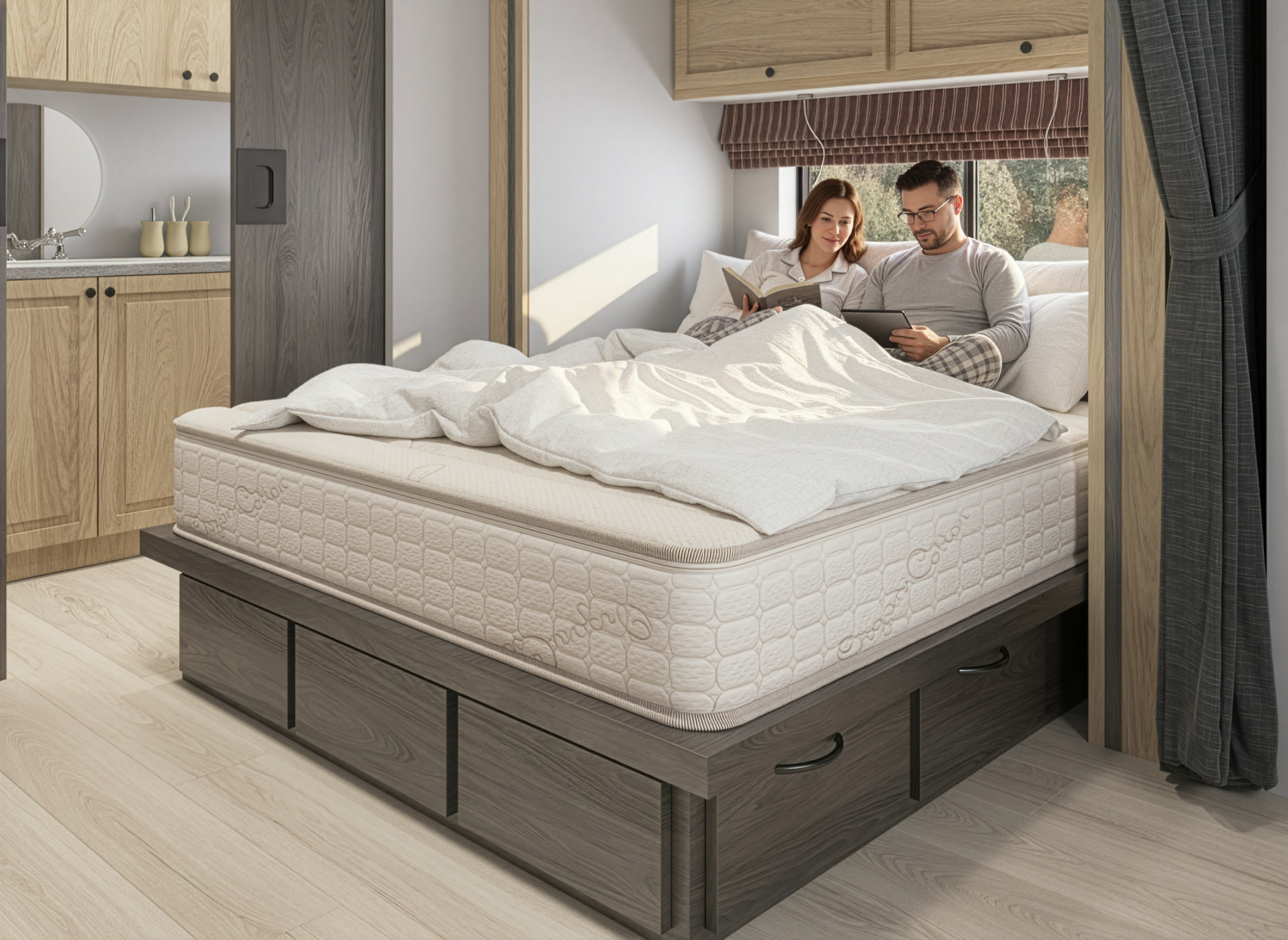 couple in bed on the journey all natural rv mattress in a camper